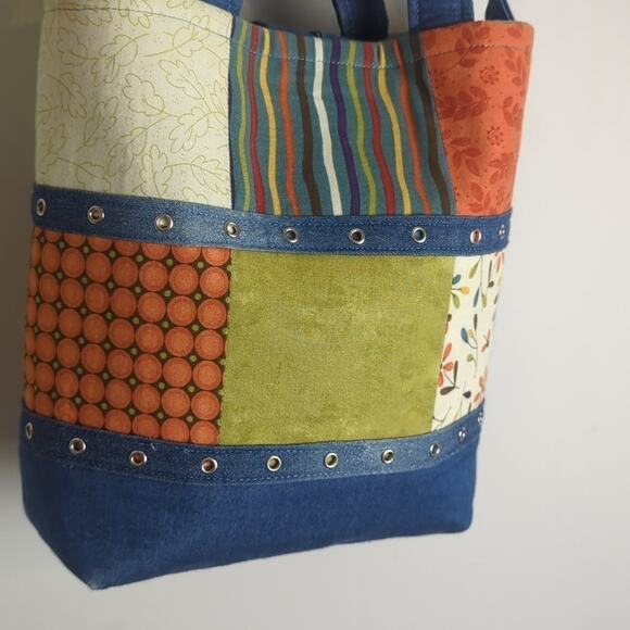 Denim Patchwork Studded Handbag/ Tote Handmade Fall Motif - Picture 5 of 13